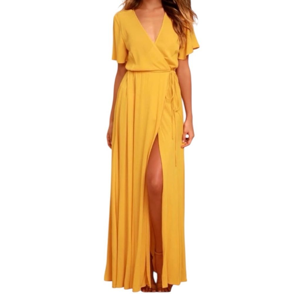 Lulu's Golden Yellow Wrap Maxi Dress with Side Slit
